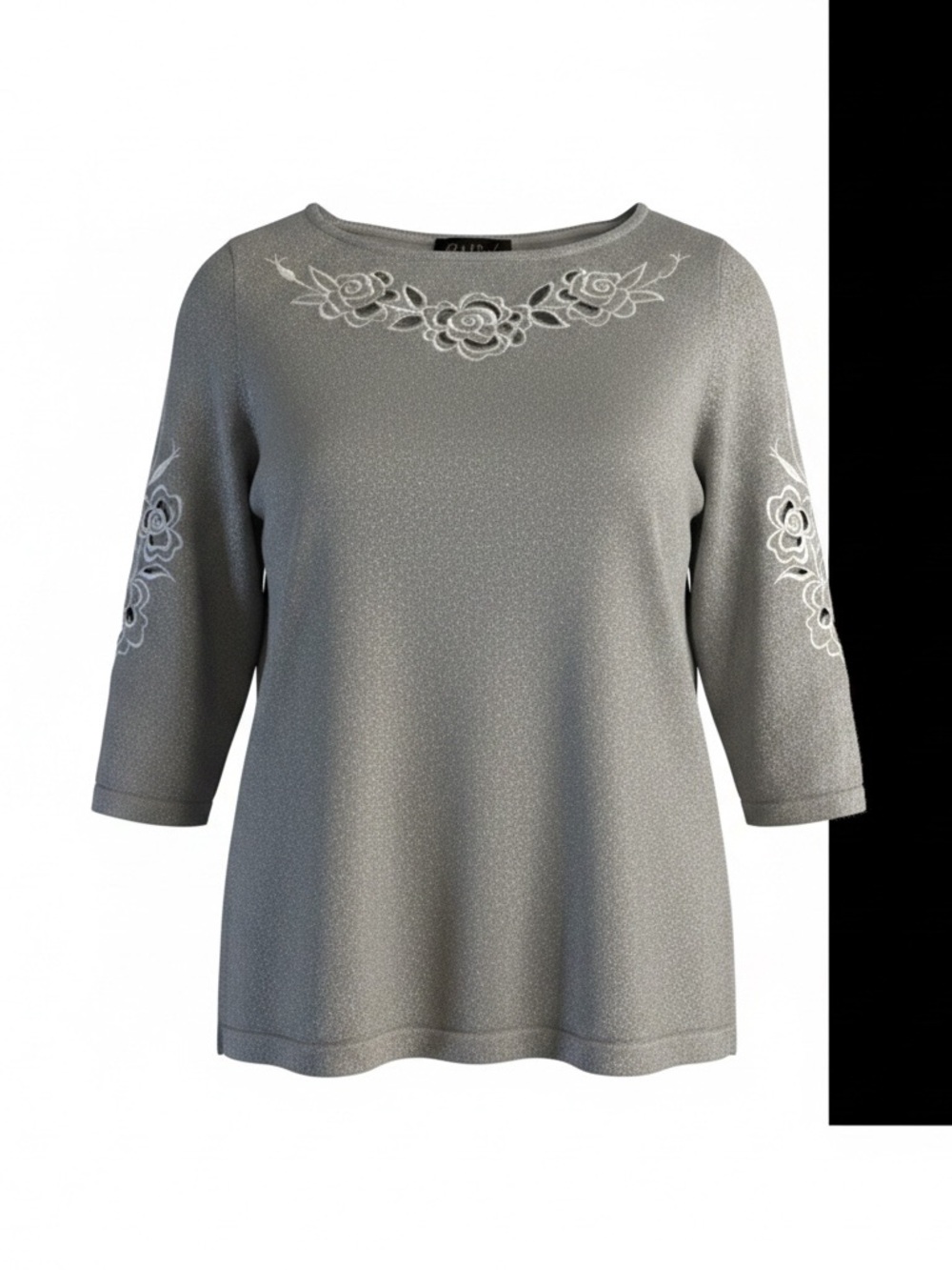 B&B Moda Silver Metallic Floral Embroidered Top – Size M